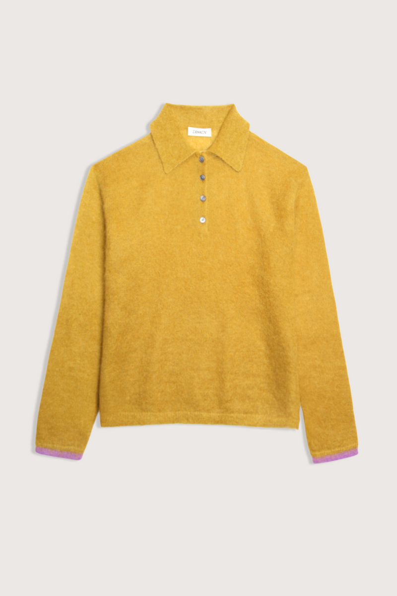 flat lay Ryan Solid Brushed Mohair Sweater moss Long sleeve
Polo collar
4 front button closure
Purple trim contrast on the cuff
35% Mohair, 35% Superfine Alpaca, 30% Polyamide