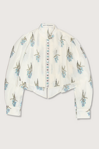 flat lay Ryland Sky Mist Flower Shirt off white cotton Cropped shirt
Pleating details
Structured yet delicate shape
Slightly sheer
Hand-block-printed with signature falling floral motif
Border-print placket
Block-printed by hand