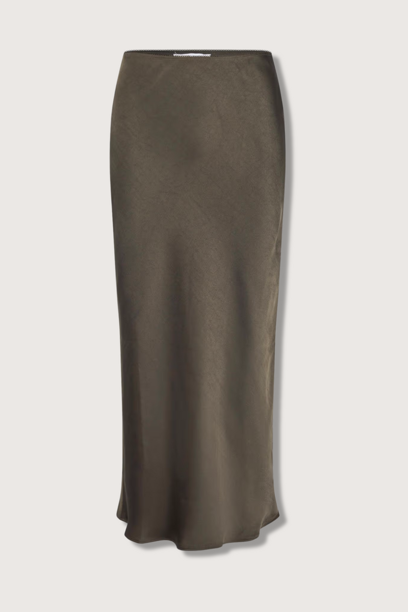 flat lay Saagneta Long Satin Skirt Deep Forest slim fit elastic waist