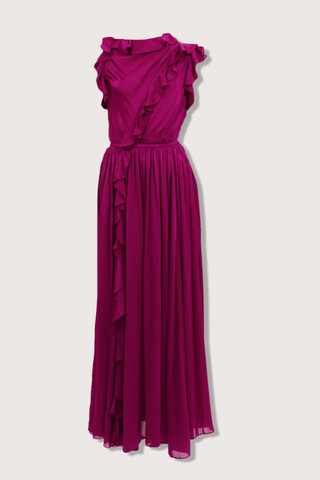 flat lay Saanvi Cascading Ruffle Dress Mulberry Artfully draped across the bodice
Finished with cascading ruffles
Satin-faced silk chiffon
Midi length
Lined
Concealed side zipper