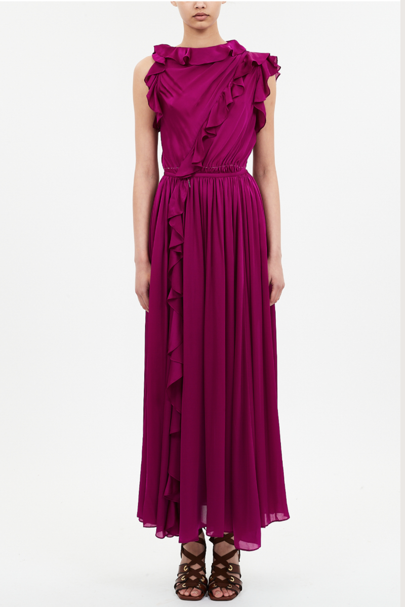 front profile model wearing  Saanvi Cascading Ruffle Dress Mulberry Artfully draped across the bodice
Finished with cascading ruffles
Satin-faced silk chiffon
Midi length
Lined
Concealed side zipper