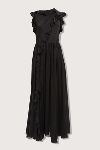 flat lay Saanvi Cascading Ruffle Dress Noir Artfully draped across the bodice
Finished with cascading ruffles
Satin-faced silk chiffon
Midi length
Lined
Concealed side zipper