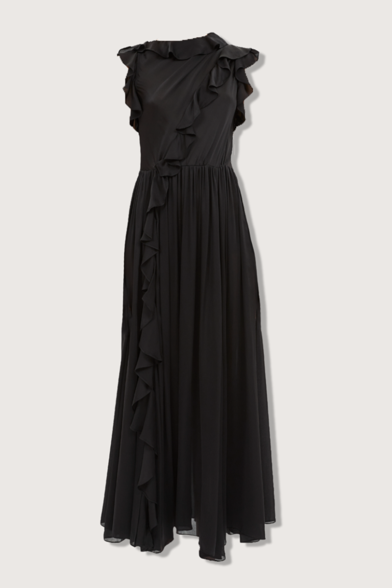 flat lay Saanvi Cascading Ruffle Dress Noir Artfully draped across the bodice
Finished with cascading ruffles
Satin-faced silk chiffon
Midi length
Lined
Concealed side zipper