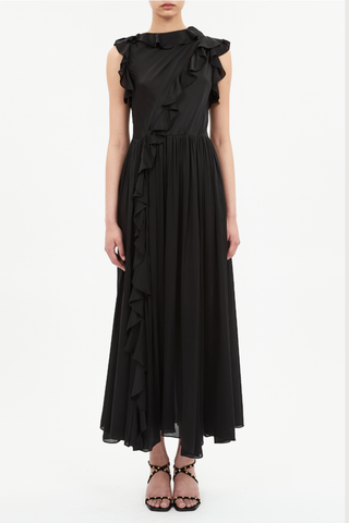 front profile model wearing Saanvi Cascading Ruffle Dress Noir Artfully draped across the bodice
Finished with cascading ruffles
Satin-faced silk chiffon
Midi length
Lined
Concealed side zipper