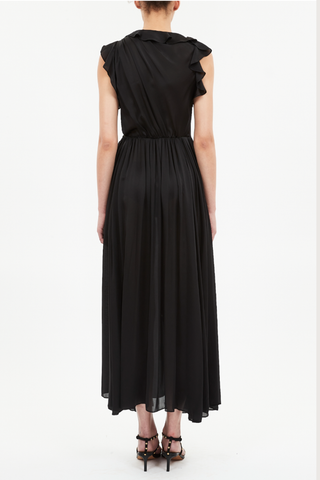 back profile model wearing Saanvi Cascading Ruffle Dress Noir Artfully draped across the bodice
Finished with cascading ruffles
Satin-faced silk chiffon
Midi length
Lined
Concealed side zipper