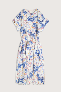 flat lay Sabi Printed Belted Dress prism blue pink yellow print Short sleeve
Midi length
100% Silk
Button closure top
Waist belt included