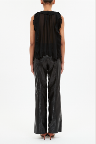 back profile model wearing Sabra Silk Chiffon Top black 100% Silk
Cascading Ruffle Top
Crewneck