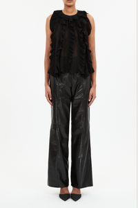 front profile model wearing Sabra Silk Chiffon Top black 100% Silk
Cascading Ruffle Top
Crewneck