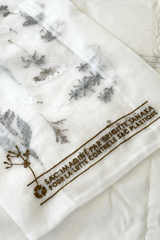 back profile close up of Sac tote bag Elle Blanc Crafted from delicate organza
Embroidered herbarium and floral motifs
Lightweight
Subtle transparency