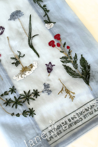 front profile close up of Sac tote bag Elle Blue Crafted from delicate organza
Embroidered herbarium and floral motifs
Lightweight
Subtle transparency