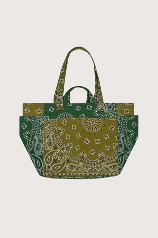 front profile Sac Picnic Tote Bronze/Vert bandana cotton two outside pockets two side pockets with small and long handles