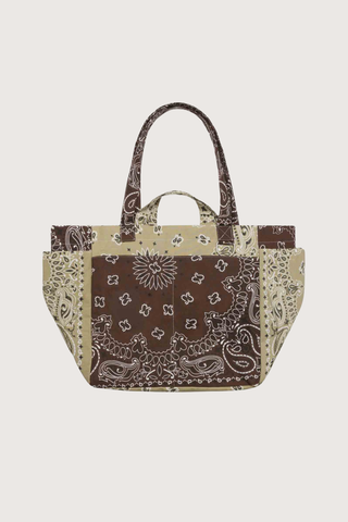 front profile Sac Picnic Tote Marron/Beige cotton bandana two outside pockets two side pockets with long and short handles