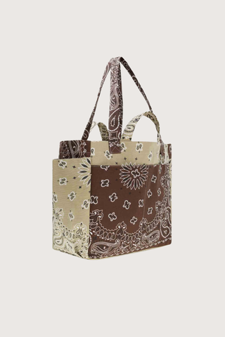 side profile Sac Picnic Tote Marron/Beige cotton bandana two outside pockets two side pockets with long and short handles
