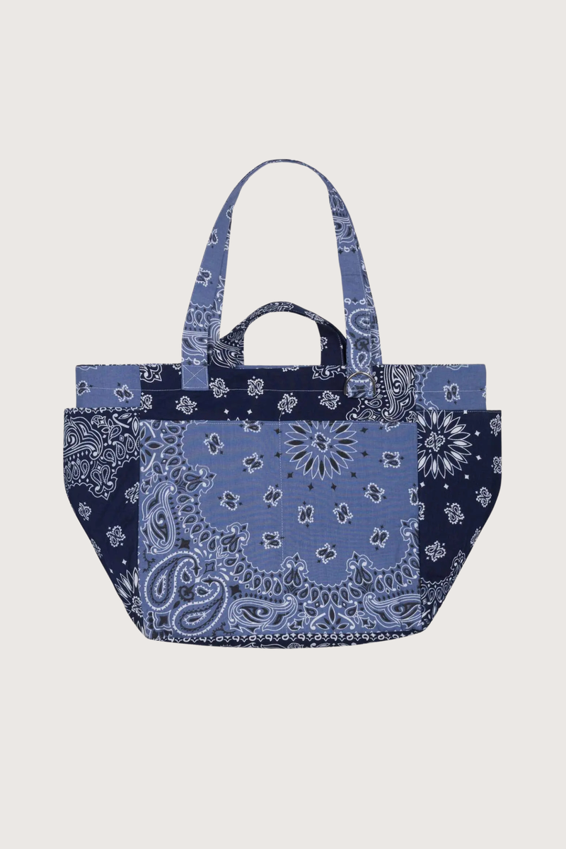 front profile Sac Picnic Tote cotton bandana Chambray/Navy with long and short handles