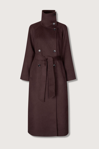 flat lay Sahanne Wool Blend Coat black coffee brown oversized fit double breasted detachable waist tie