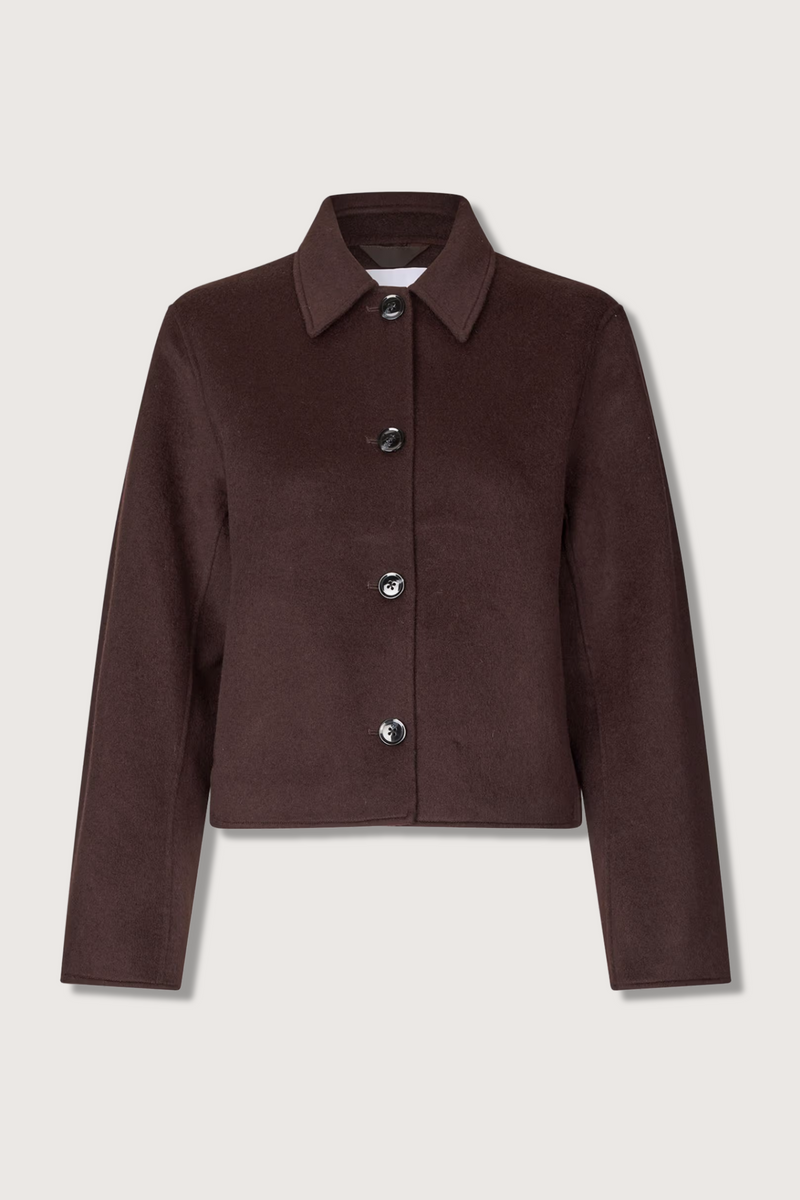 flat lay Saholly Short Wool Blend Jacket black coffee brown Felted collared side slit pocket button closure