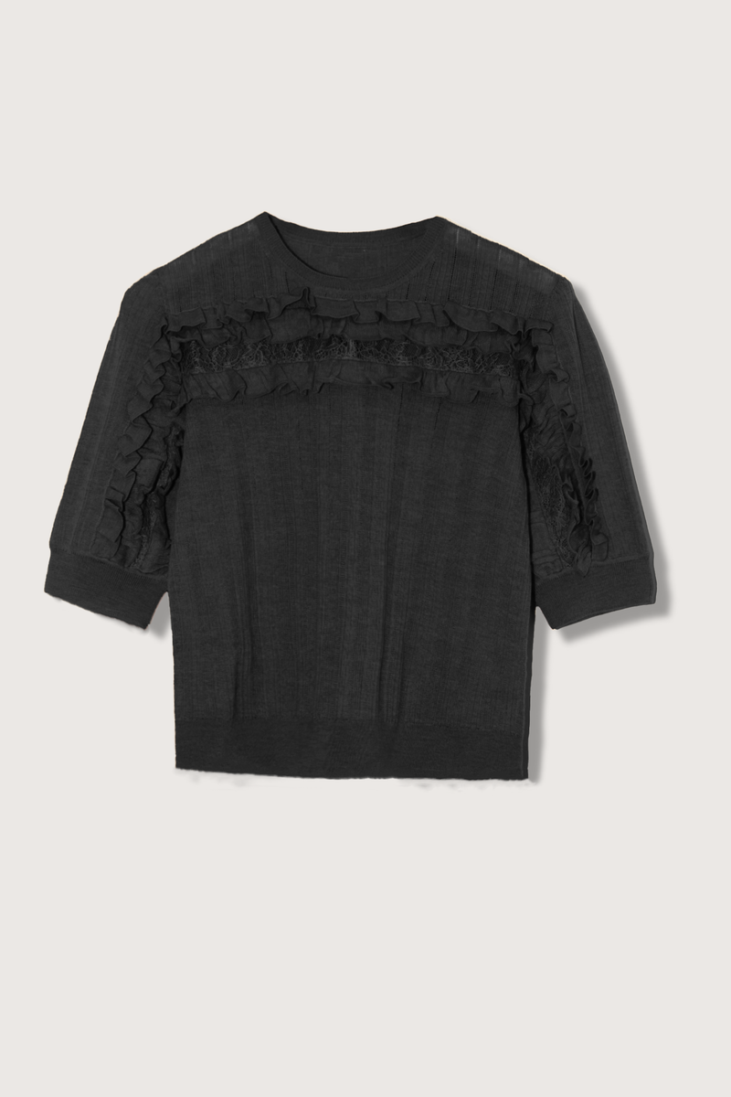 flat lay Salima Short Sleeve Knit Top Noir wool Softly ribbed surface, Inlaid with lace
Dancing ruffles, Gently puffed sleeves