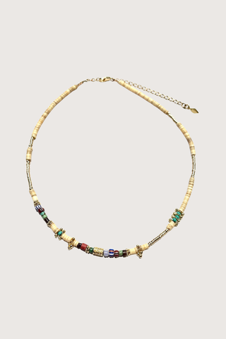 flat lay Sally Necklace ivory multi Strand of stones/shell and turquoises
Precious gold plated beads
3 microns
18K
vintage African trade beads
Dimensions: 16,53-17,5”~ 40-45cm long (adjustable)