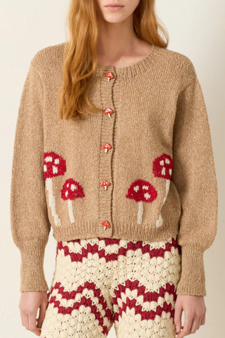 front profile model wearing Sammi Mushroom Knit Cardigan Crewneck
Fly agaric toadstool motif
Handmade mushroom buttons by ceramist Daphné Verley.
68% Baby Alpaca / 32% Peruvian Pima Cotton
Button Front