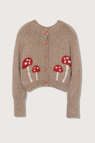 flat lay Sammi Mushroom Knit Cardigan Crewneck
Fly agaric toadstool motif
Handmade mushroom buttons by ceramist Daphné Verley.
68% Baby Alpaca / 32% Peruvian Pima Cotton
Button Front
