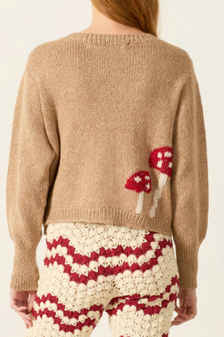 back profile model wearing Sammi Mushroom Knit Cardigan Crewneck
Fly agaric toadstool motif
Handmade mushroom buttons by ceramist Daphné Verley.
68% Baby Alpaca / 32% Peruvian Pima Cotton
Button Front