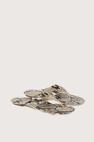 angled profile San Diego Sandal  Embossed Python taupe
Opanka construction
Custom thin rubber sole
Italian calfskin leather
Thong strap style