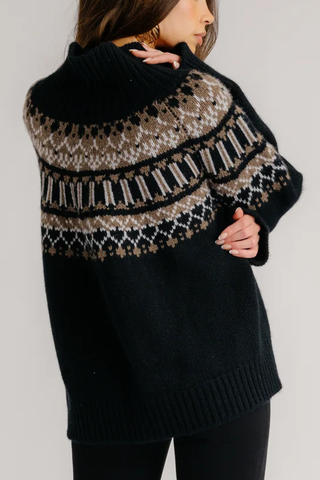 back profile model wearing Scottie Slouchy Fair Isle sweater black cashmere turtleneck long sleeve