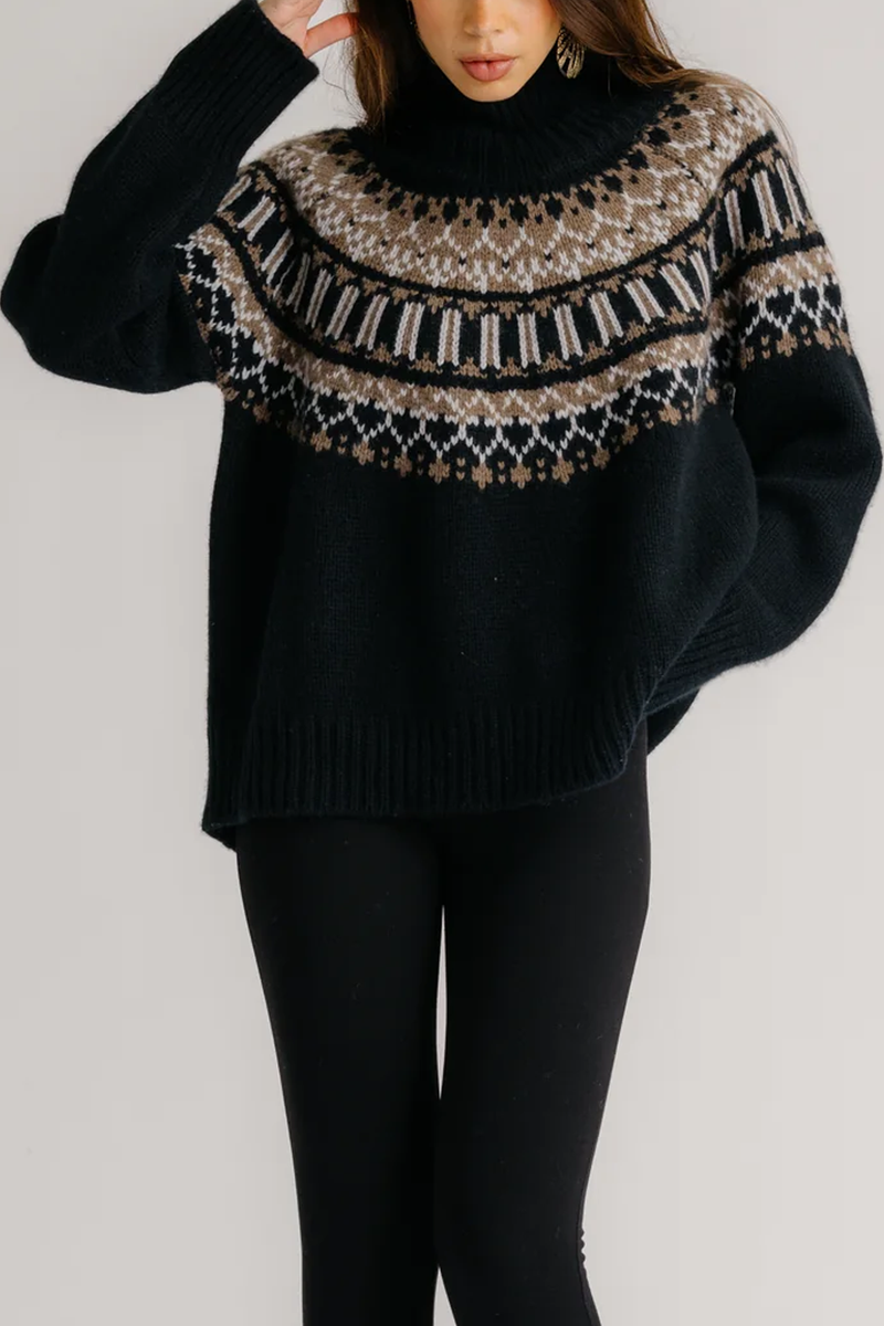 front profile model wearing Scottie Slouchy Fair Isle sweater black cashmere turtleneck long sleeve