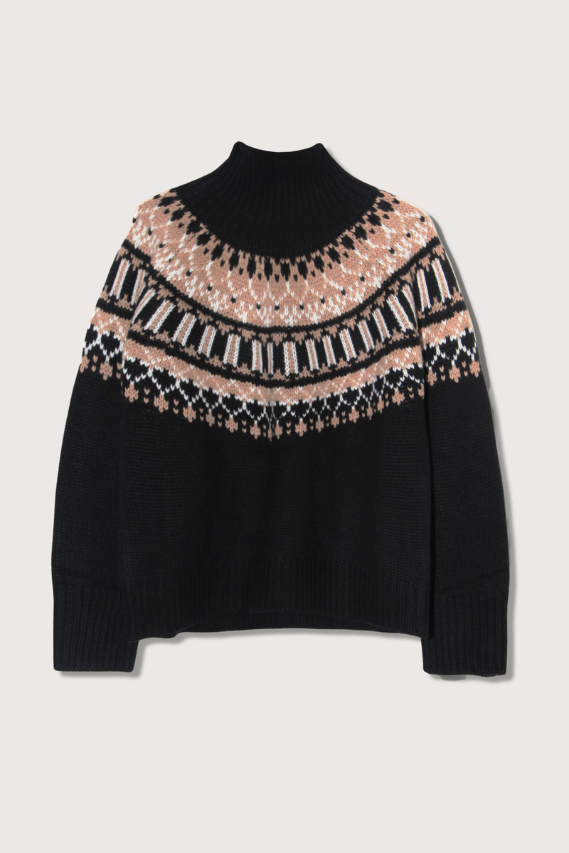 flat lay Scottie Slouchy Fair Isle sweater black cashmere turtleneck long sleeve