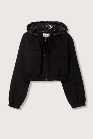 flat lay Scuba Jacket black cropped Scuba viscose, Curled collar with culisse, Front zipped closure, Detachable black shiny hoodie, Two front flap pockets