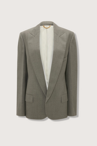 flat lay Sculptural Sleeve Jacket light grey virgin wool oversized fit 3-hole button on cuff with contrast white stitch detail