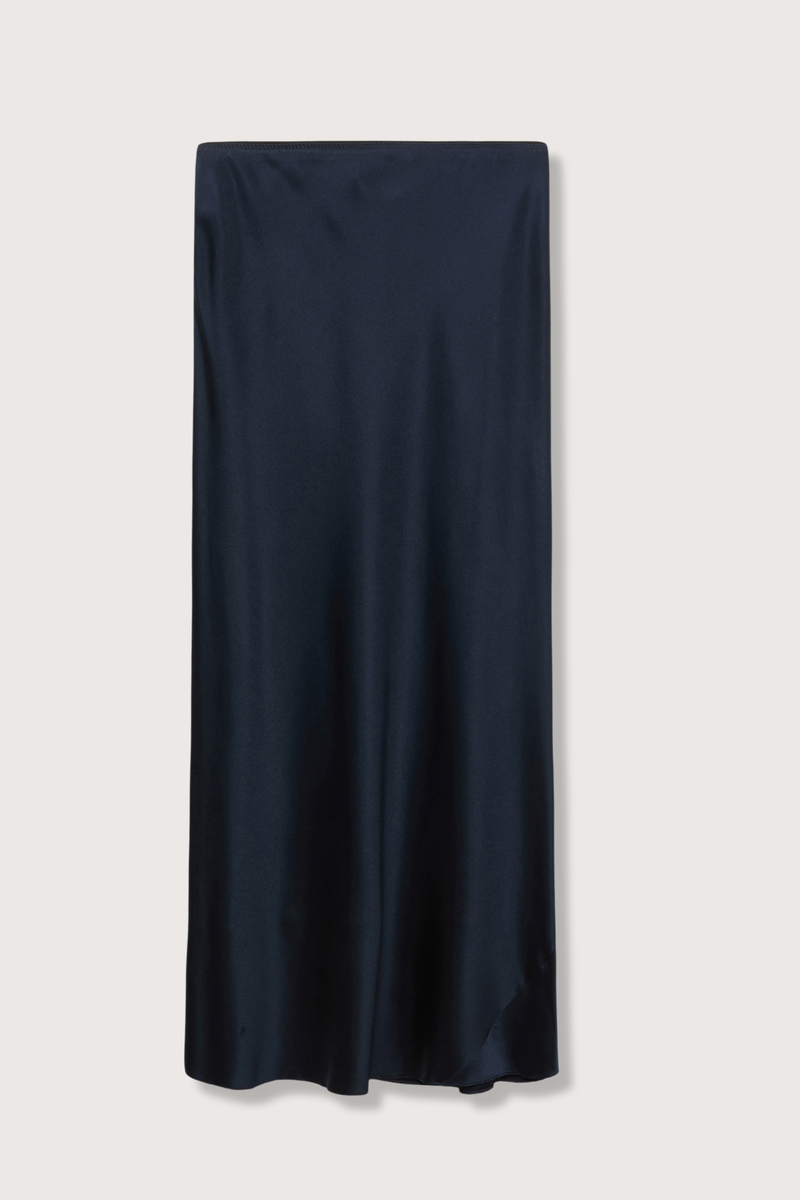 flat lay Sense Of Shine Skirt Navy silk satin midi length