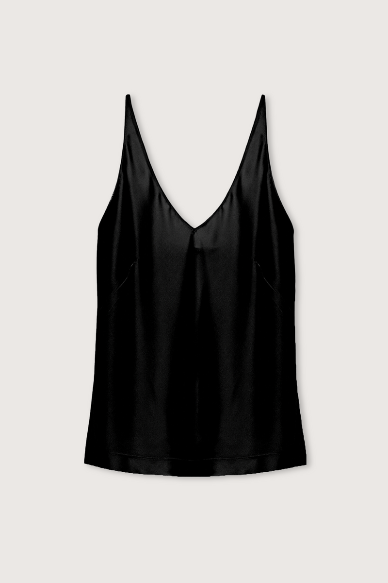 flat lay Sense Of Shine Top silk Black v-neck bias cut