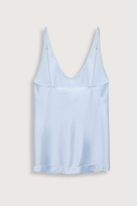 back flat lay   Sense Of Shine Top Sky blue V-neck camisole in stretch satin
Bias cut
Loosely fitted