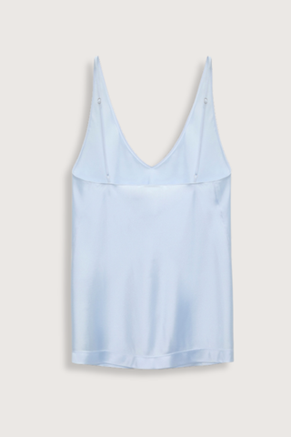 back flat lay   Sense Of Shine Top Sky blue V-neck camisole in stretch satin
Bias cut
Loosely fitted