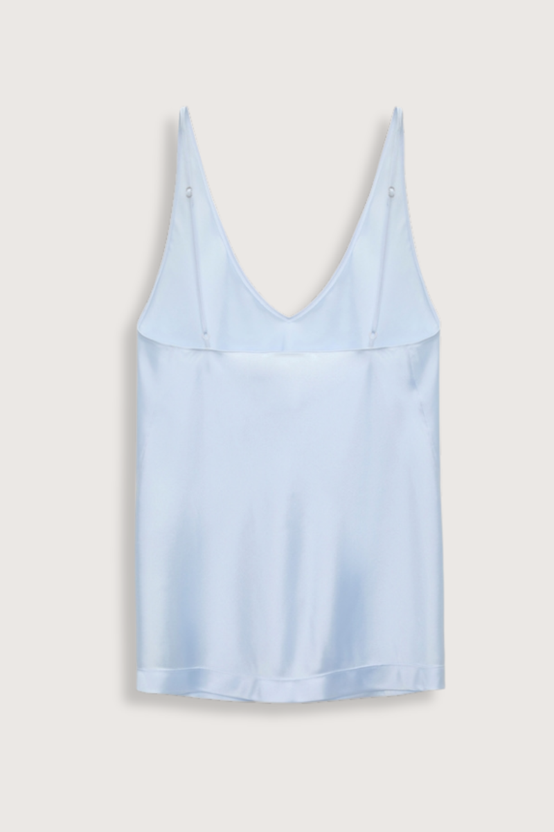 back flat lay   Sense Of Shine Top Sky blue V-neck camisole in stretch satin
Bias cut
Loosely fitted