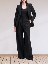 front profile model wearing Sense Of Shine Top silk Black v-neck bias cut