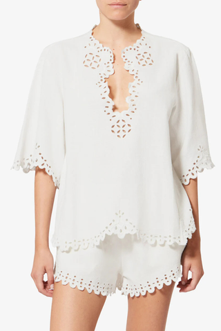 front profile model wearing Shana Top white Tunic style top in soft openwork cotton
Tunisian neckline with broderie anglaise
Short flared sleeves with openwork cuffs
Flared openwork hem
100% cotton