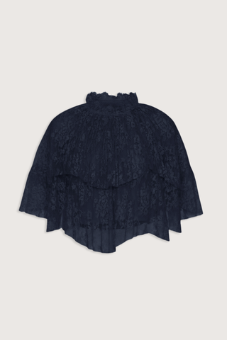 flat lay Sharleen Lace Cape Top navy Cape-style silhouette
Intricate floral lace
Subtle pleated detailing
Slightly cropped length
Asymmetrical hem
self-51% cotton, 49% polyester