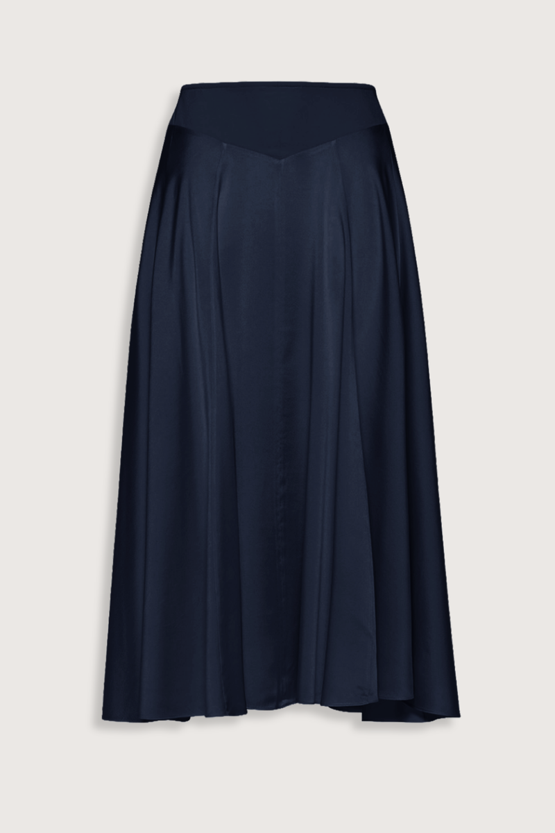 flat lay Shiny Stretch Satin Skirt navy paneled style with v-line waist