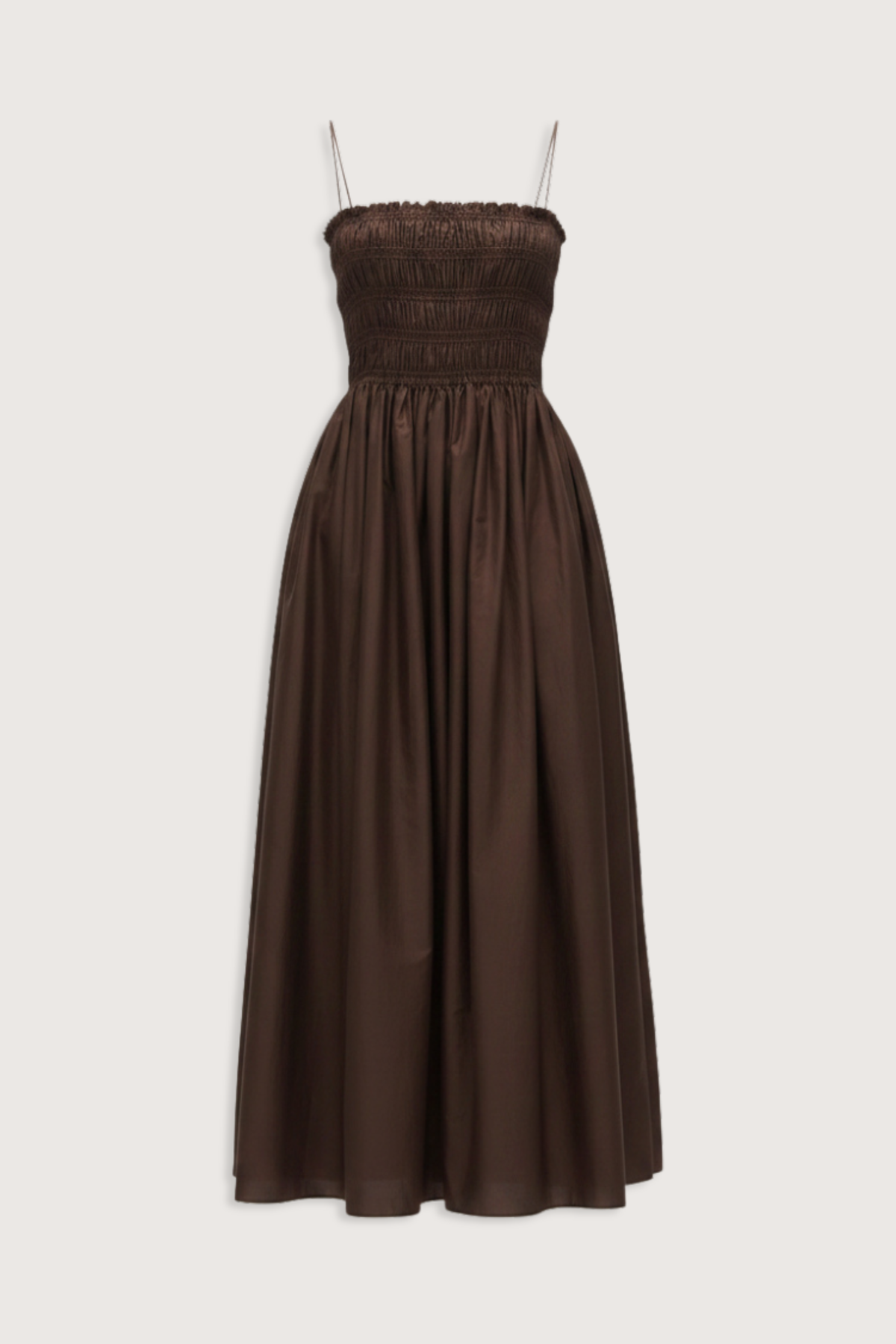 flat lay Shirred Bodice Midi Dress chocolate brown Pull-on dress
Cami style
Delicate shoulder straps
Repeated double elastic shirred detailing throughout the bodice
Mid-length style
Self-lined bodice
Side pockets
100% Organic Cotton Cami Dress