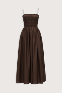 flat lay Shirred Bodice Midi Dress chocolate brown Pull-on dress
Cami style
Delicate shoulder straps
Repeated double elastic shirred detailing throughout the bodice
Mid-length style
Self-lined bodice
Side pockets
100% Organic Cotton Cami Dress