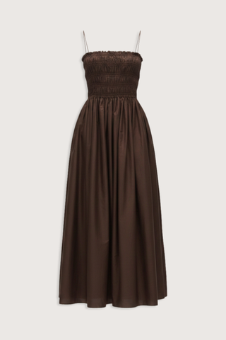 flat lay Shirred Bodice Midi Dress chocolate brown Pull-on dress
Cami style
Delicate shoulder straps
Repeated double elastic shirred detailing throughout the bodice
Mid-length style
Self-lined bodice
Side pockets
100% Organic Cotton Cami Dress