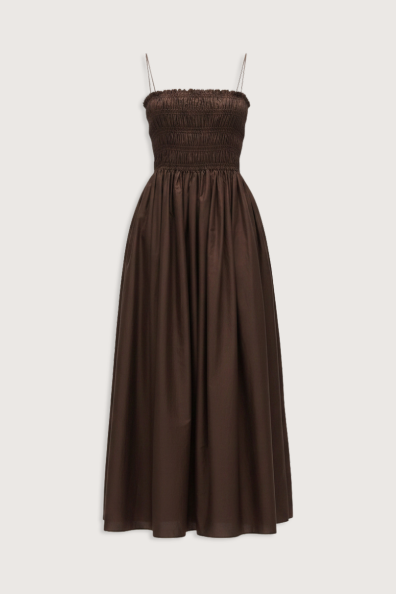 flat lay Shirred Bodice Midi Dress chocolate brown Pull-on dress
Cami style
Delicate shoulder straps
Repeated double elastic shirred detailing throughout the bodice
Mid-length style
Self-lined bodice
Side pockets
100% Organic Cotton Cami Dress