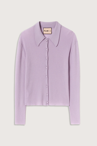 flat lay Shirt Collar Merino Wool Cardigan wisteria purple ribbed knit long sleeves cardigan in lightweight merino wool. Shirt collar and covered buttons.
100% merino wool