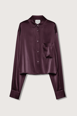 flat lay Stretch silk satin shirt chocolate noir
Cropped design
Straight fit
Dropped shoulder
Patch pocket