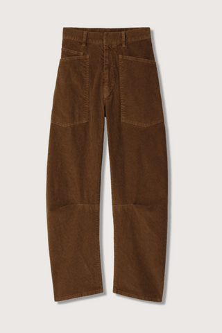 flat lay Shon Corduroy Pant Caffe brown mid rise barrel leg with front utility pockets