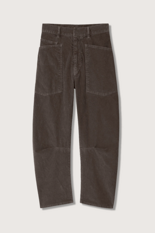 flat lay Shon Corduroy Pant Chocolate brown mid rise barrel leg front utility pockets