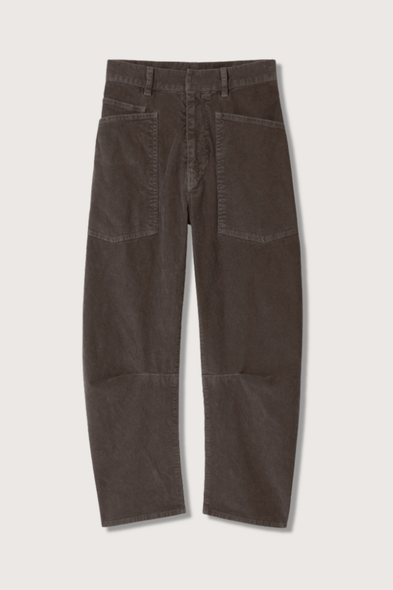 flat lay Shon Corduroy Pant Chocolate brown mid rise barrel leg front utility pockets