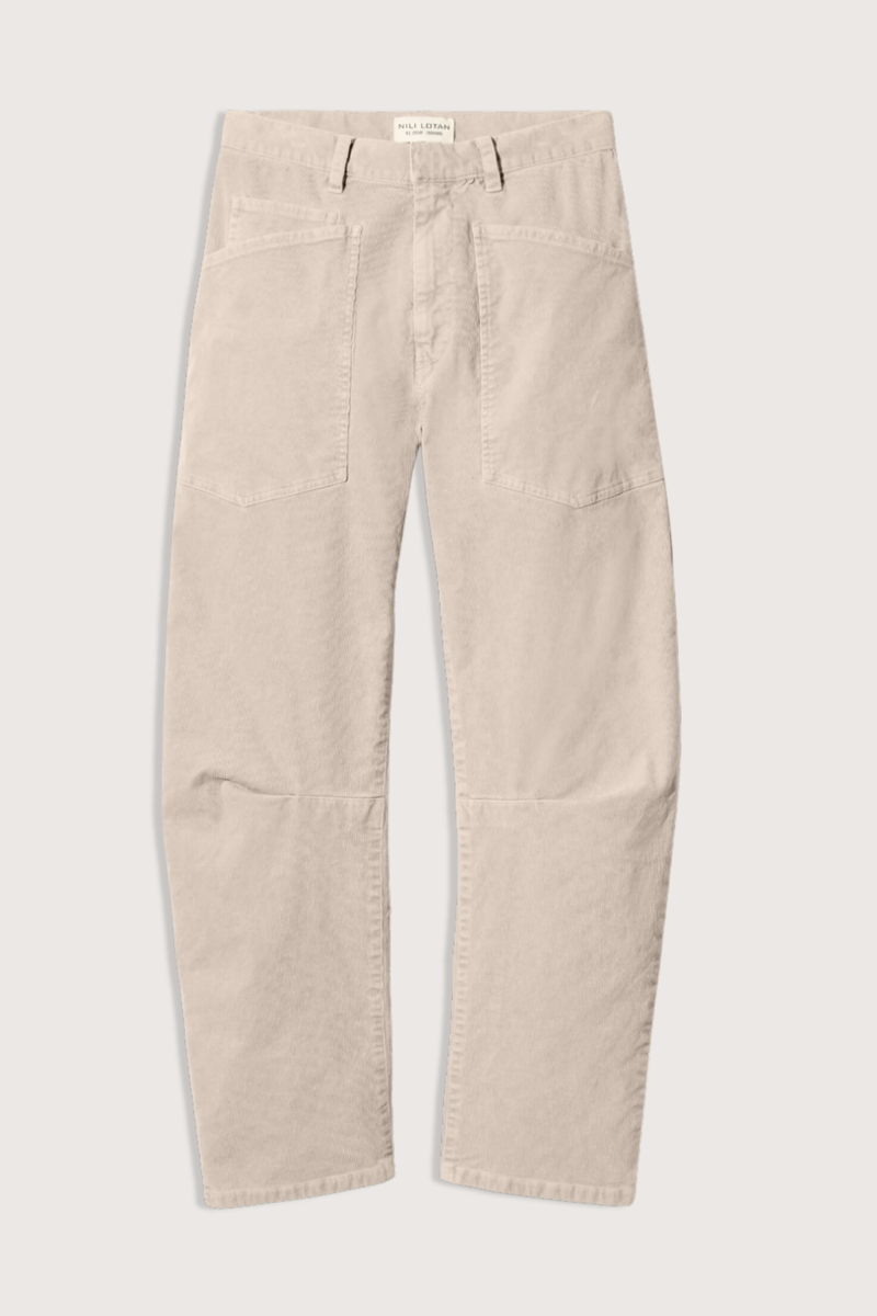 flat lay Shon Corduroy Pant Travertine cream Flat front
Mid-rise
Relaxed fit pant
Stretch corduroy
Curved silhouette
Easy tapered legs
Seam detail at knees
Zip fly with hidden hook and bar closure
Hidden button closure
Top-stitched front and back patch pockets
Belt loops
93% COTTON, 6% POLYESTER, 1% POLYURETHANE
